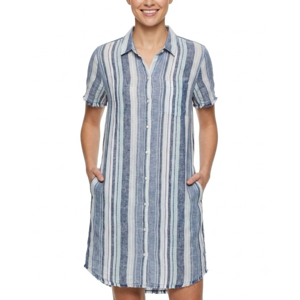 True Craft Shirt Dress Women Medium Blue Striped Linen Blend Short Sleeve Fringe